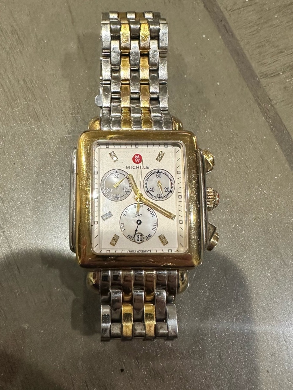 Michele Deco Chronograph Two Tone Diamond Watch Gold Silver Swiss Sapphire